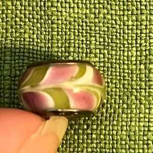 COPY - Pandora Murano glass charm in green with a pink and white swirl pattern,…
